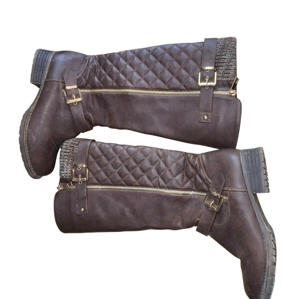 Knee High Brown Quilted Knit Riding Boots Women’s 7.5 Gold Buckle Zipper Accent - Picture 4 of 16